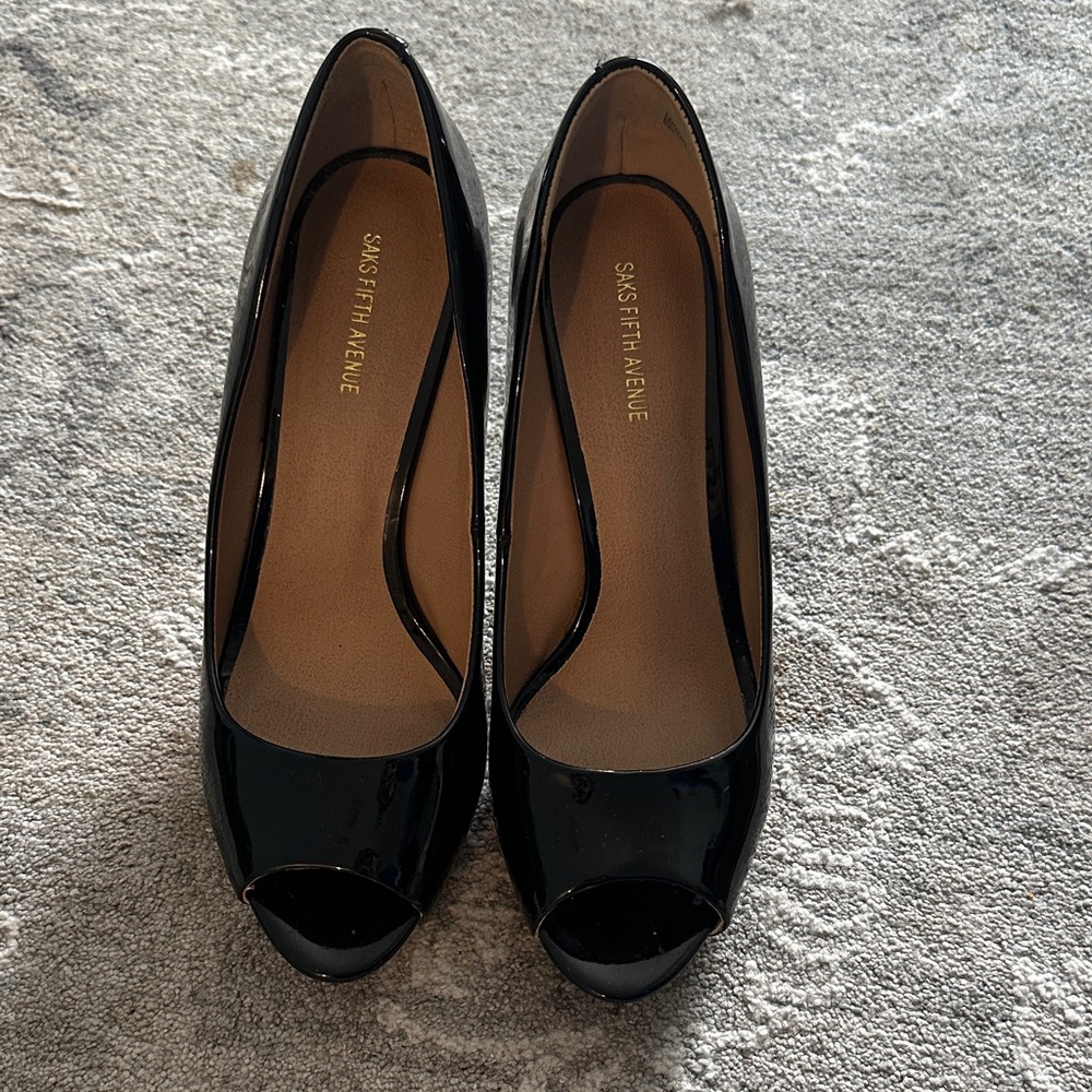 Saks Fifth Avenue Black Patent Peep-Toe Heels